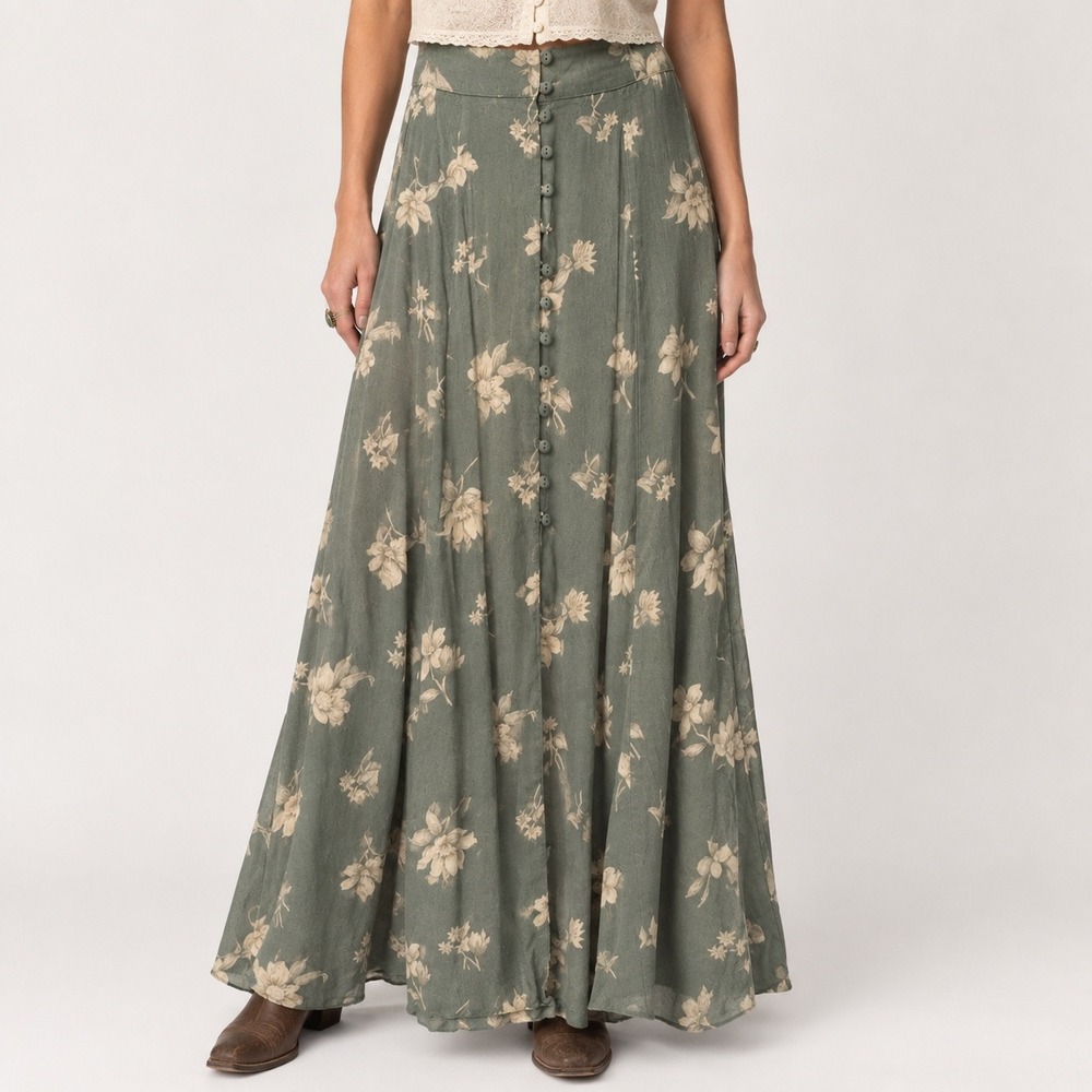 Vintage Express Floral Maxi Skirt 90s Small Green Button Front Practical Magic